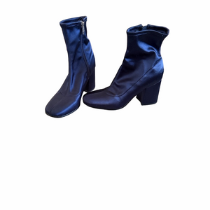Marc Fisher Icela Navy Satin Ankle Boots Sculpted Toe Block Heel 6.5